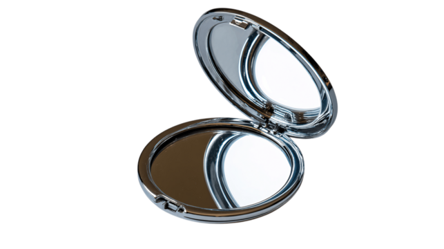 A single compact mirror, white background --ar 16:9