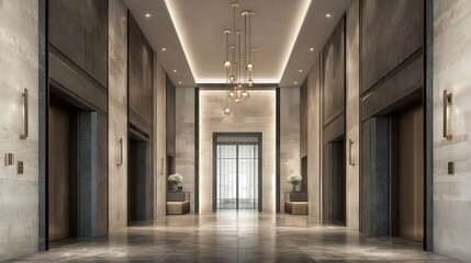 Elegant lobby interior showcasing modern design elements and sophisticated elevator entrances with stylish decor and lighting.