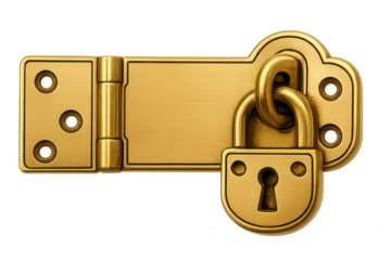 Golden metal padlock securing heavy-duty hinges, symbolizing robust protection against unauthorized access