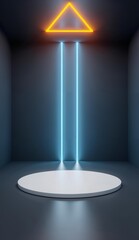 Illuminated Podium with Neon Triangle and Light Beams in a Dark Room