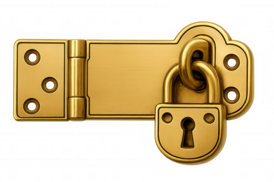 Golden metal padlock securing heavy-duty hinges, symbolizing robust protection against unauthorized access