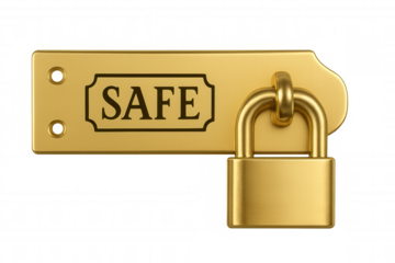 Golden padlock locking metallic plate engraved with safe word, symbolizing security concept against transparent backdrop, emphasizing protection