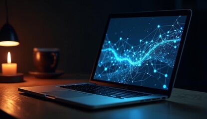 Laptop Displaying a Network of Blue Lights in a Dimly Lit Room