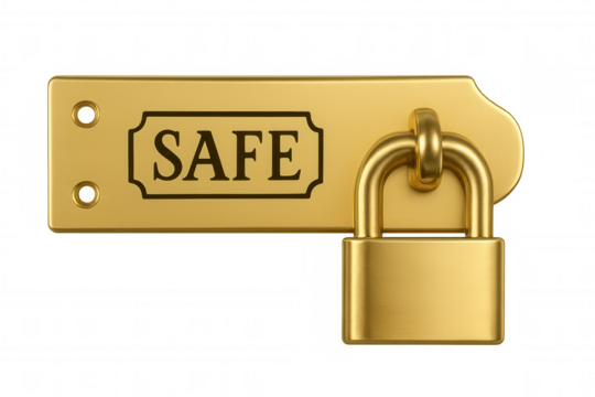 Golden padlock locking metallic plate engraved with safe word, symbolizing security concept against transparent backdrop, emphasizing protection
