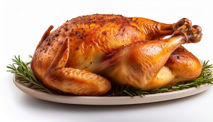 a succulent golden brown roasted chicken seasoned to perfection isolated on a white background