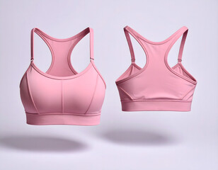3D mockup pink sports bra displayed from front and back, showcasing its seamless design and supportive fit.
