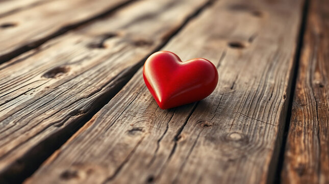 A red heart shapes symbolizing love and romance decorate a rustic wooden background