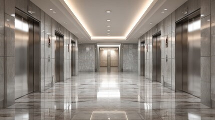 Fototapeta premium Modern elevator lobby featuring sleek marble floors and contemporary design elements, perfect for showcasing luxury interiors.