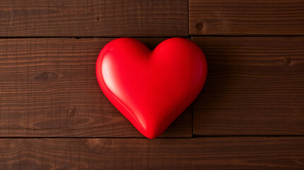 Fototapeta premium A vibrant red heart, a symbol of love and romance, rests on a rustic wooden background