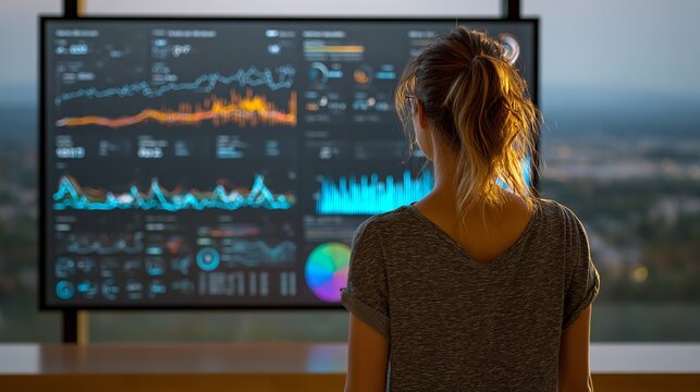 A young woman examines data visualizations on a large screen, immersed in analytical work at sunset.