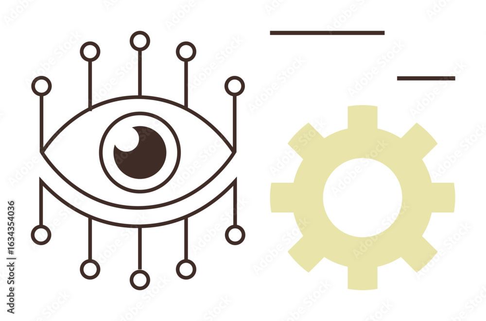 Poster eye interconnected with lines beside a gear representing technological integration, machine vision, 