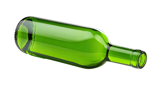 Empty green glass wine bottle, angled view