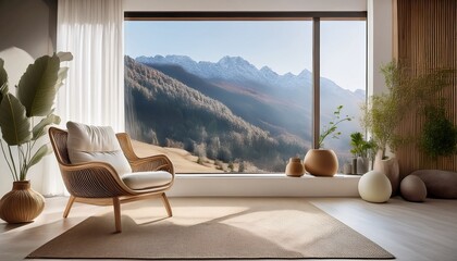 modern cozy interior featuring a stylish armchair and artistic decoration with mountain view outside