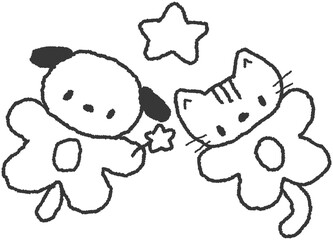 별을 나누는 고양이와 강아지 캐릭터 라인 드로잉 손그림
