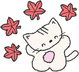 단풍잎과 고양이 캐릭터 손그림 일러스트