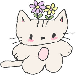  꽃 과 고양이 캐릭터 손그림 일러스트