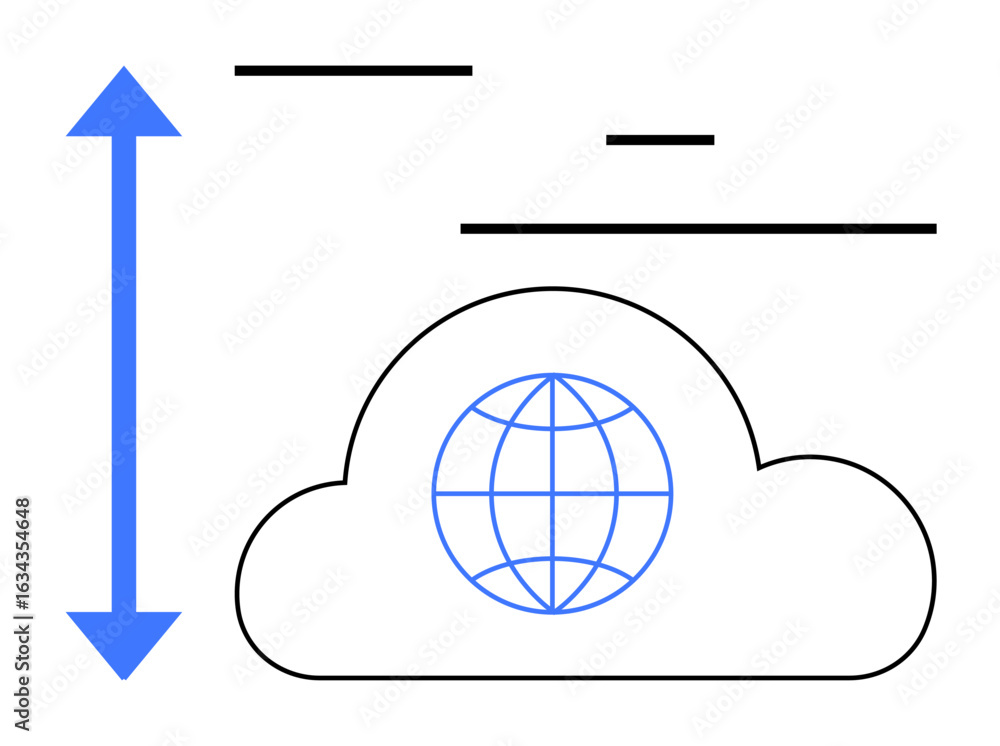 Poster cloud with globe icon inside and a vertical double-headed arrow representing global connectivity, sc