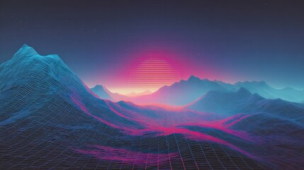 Retrowave Landscape with Grid Mountains and Striped Sunset
