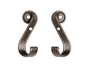 Two antique-bronze wall hooks, curved design, with small round decorative elements