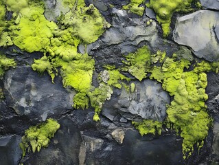 Vibrant green moss growing thickly on dark textured wet rock surfaces Natural abstract pattern