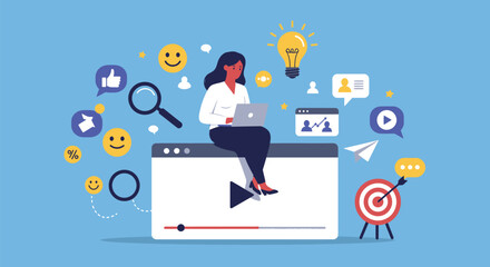 Digital Marketing and Social Media Concept: Woman Working on Laptop with Targets and Feedback Icons