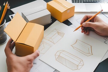 Creative Packaging Design Planning Brown craft cardboard paper product eco packaging mockup. Hands...