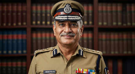 Confident high-ranking Indian police officer standing in a law library