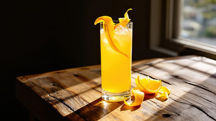 A Harvey Wallbanger cocktail in a tall glass, lit by sunlight, stands on a wooden table.