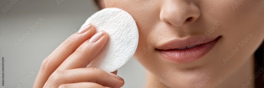 Poster professional cleansing of the face with a cotton pad in a softly lit environment showing only the up