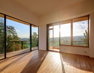 Fototapeta premium sunlight streams into an empty room with large windows and wooden floors overlooking a serene outdoor view during the day