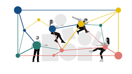 Graphic composition of coworkers climbing network structure with dynamic motion and support. Concept of corporate training, leadership mobility, peer support, and agile team development.