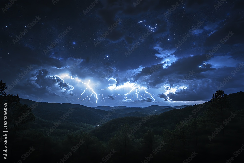 Poster night sky exploding with bright forked lightning above a forested ridge