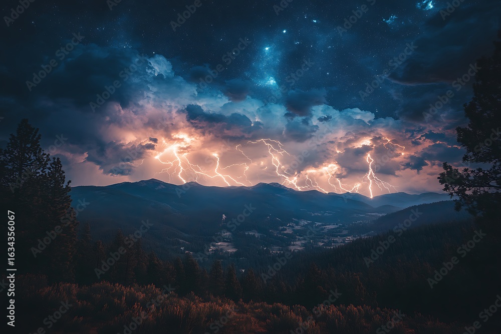 Poster night sky exploding with bright forked lightning above a forested ridge