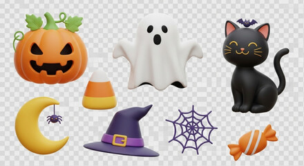 Cute 3D Halloween Design Element Set with Transparent Background