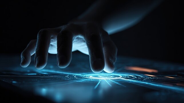 Finger touching glowing hud interface. Concept of future technology.