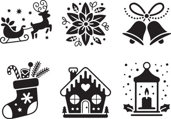 Festive Christmas icons including sleigh, bells, stocking, and gingerbread house