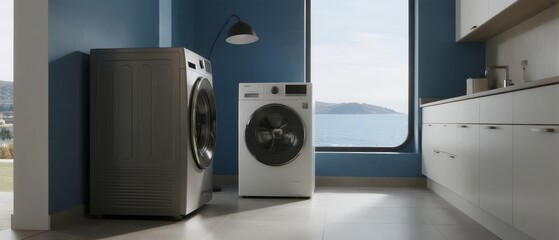 Fototapeta premium Modern Laundry Room with Washing Machine and Dryer Near a Window Overlooking the Sea