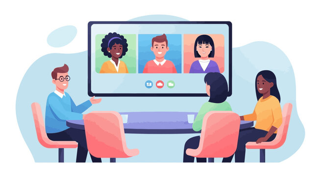 A diverse business team engaging in a hybrid work meeting, collaborating via video conference with remote colleagues on a screen.