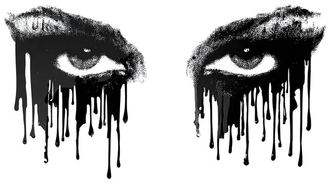 Simple vector logo of eyes dripping, on a pure white background, with simple shapes and lines, no color, in a cute cartoon goth style with black tears