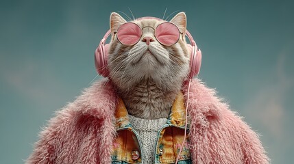 Cat wearing sunglasses headphones and a pink coat against a blue background.