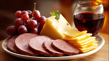 Sliced meat, cheese, and grapes with a glass of red wine on a wooden table.