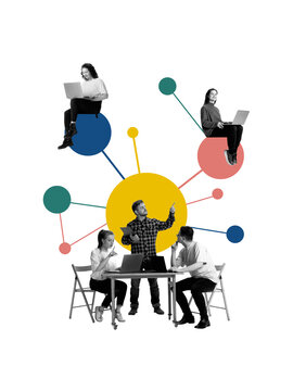 Creative digital artwork of hybrid team planning project with leader pointing at center. Concept of facilitation, hybrid work tools, agile meetings, and digital product development.