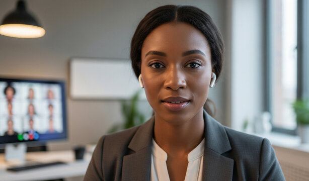 Business Woman Or Portrait On Video Call With Networking For Virtual Seminar Or Online Conference In Office Communication Black Employee Or Face With Earphones For Webinar Digital Chat Or Meeting