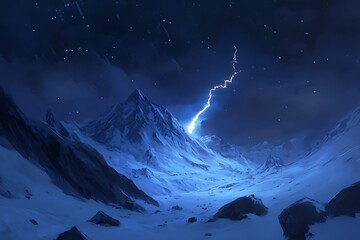 Fototapeta premium Sharp lightning strike in the middle of a stormy night above snow-covered mountains 