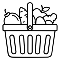 Outline Lineart Grocery Basket Full with Fruits and Vegetables Illustration