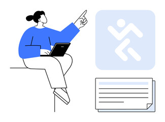 Woman holding laptop, gesturing to abstract icon, document at side. Ideal for education, teamwork, productivity, technology, learning goal-setting communication. Clean simple flat metaphor