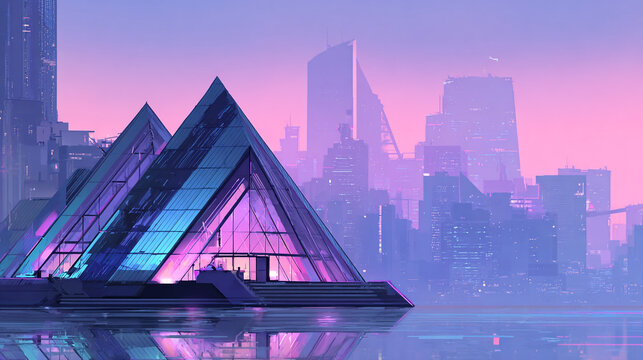 Vaporwave-style glass building made of triangles with neon lights