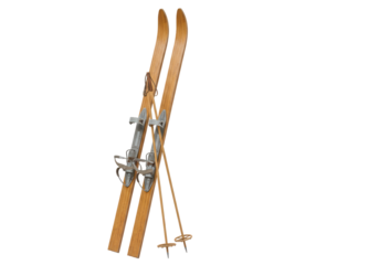 Isolated Vintage Wooden Skis and Poles for Winter Sports