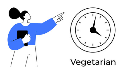 Woman holding a clipboard, pointing toward a clock emphasizing time-related commitment or routine. Ideal for time, lifestyle, organization, health, planning, habits vegetarianism. Simple flat