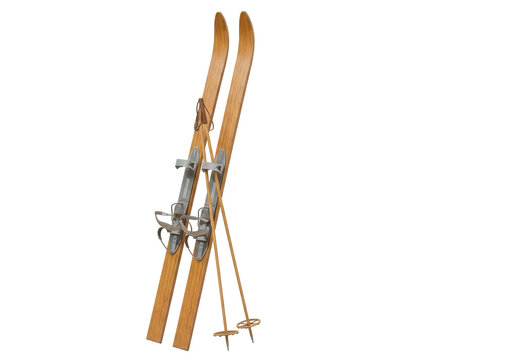 Isolated Vintage Wooden Skis and Poles for Winter Sports - Powered by Adobe